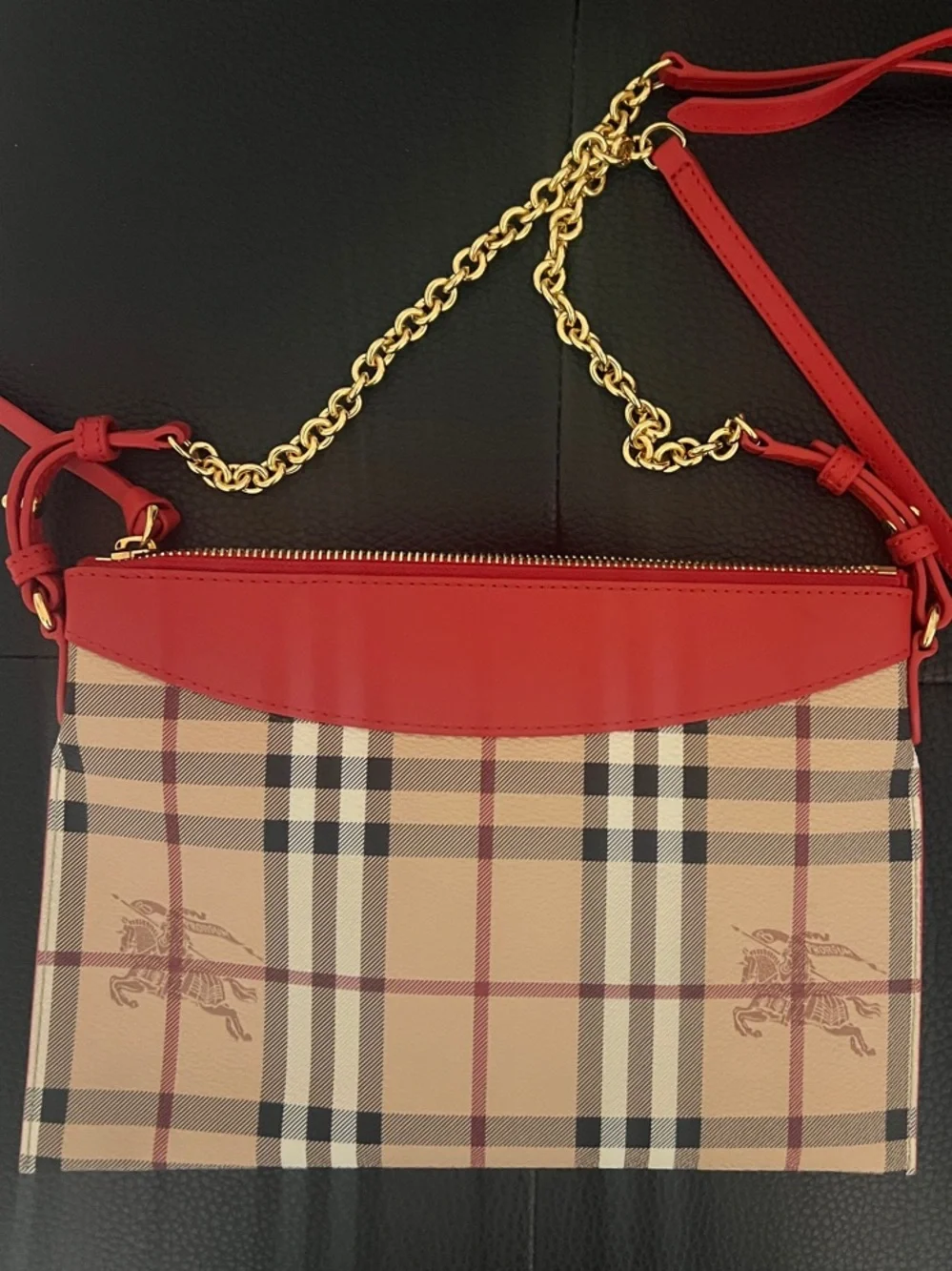 Burberry Red Trim Beige Check Canvas Crossbody Bag with Gold Chain